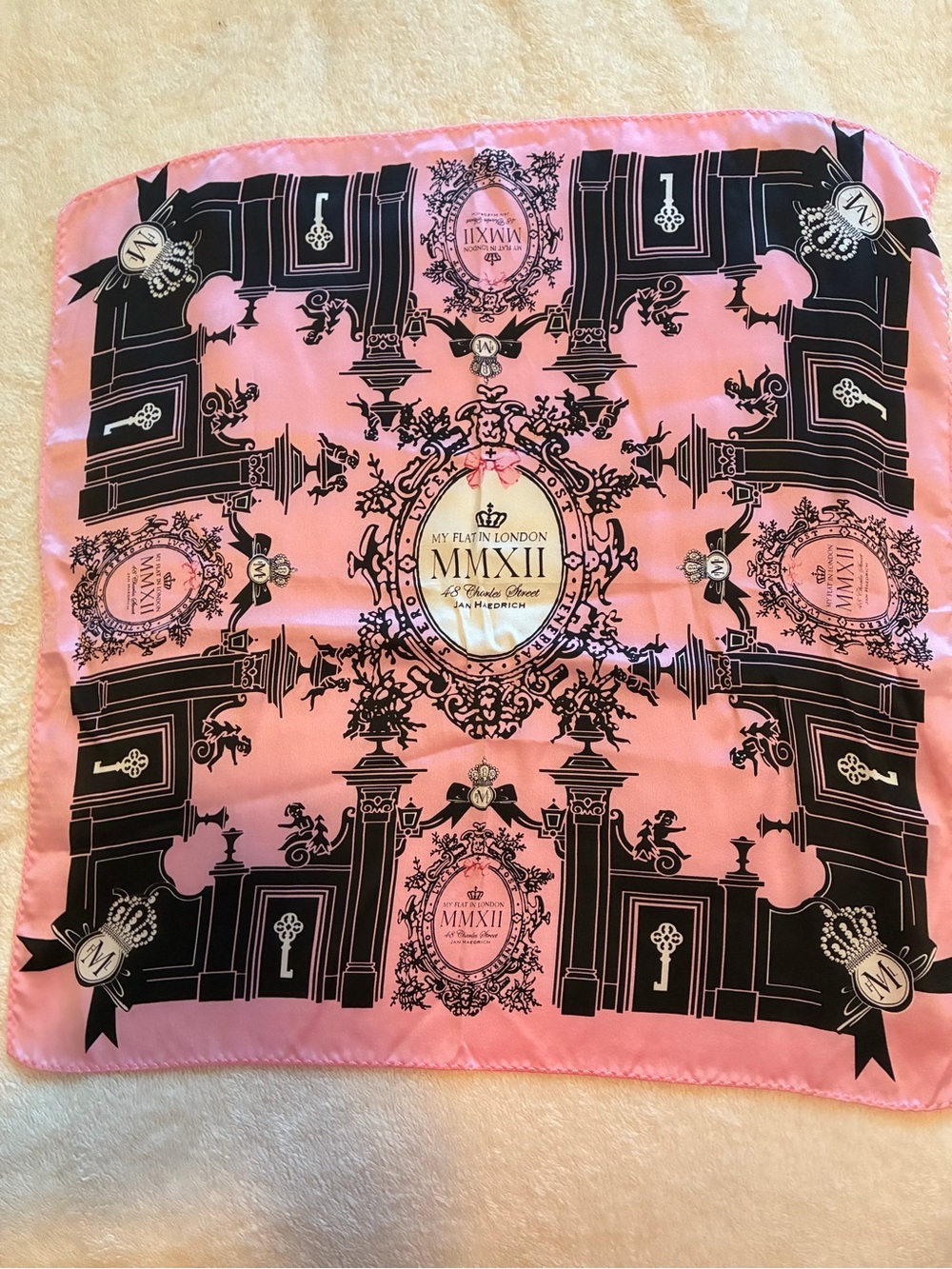 My Flat in London Pink Silk-Feel Decorative Scarf with Black Architectural Motif